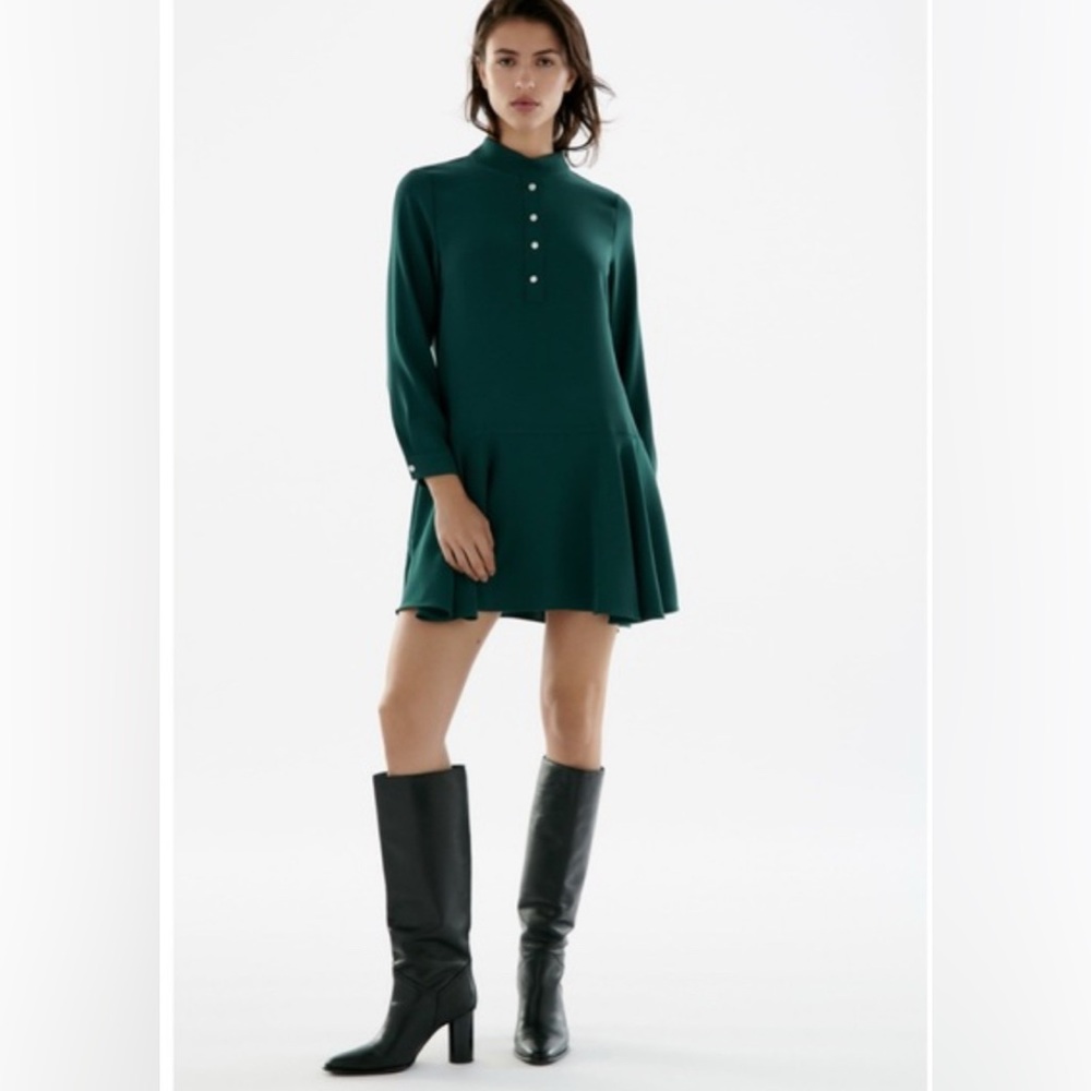 Zara Teal Embellished Long Sleeve Mock Neck Dress Dress